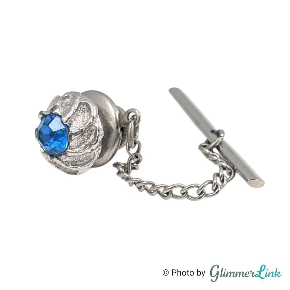 Vintage Swank Silver Tone Tie Pin Tack Blue Rhinestone Mid Century
